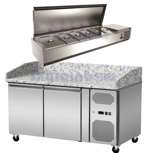 Pizza Kühltisch, Granit rosa-grau, 2Türen, 151x80 Kühlaufsatz GN1/3 mit Edelstahldeckel Skyrainbow THPZ2600+THVD1500/380